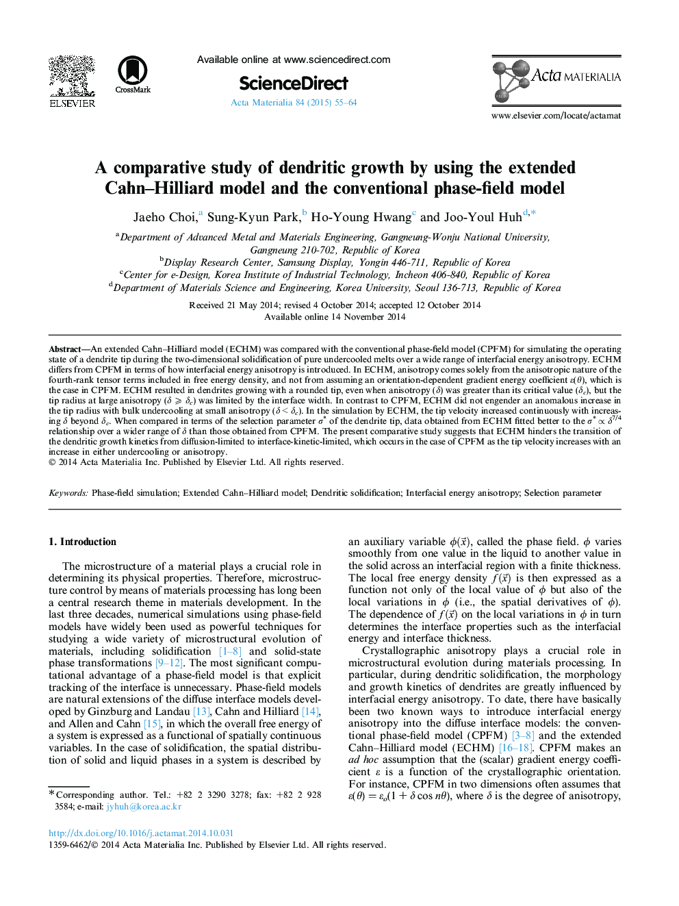 A comparative study of dendritic growth by using the extended Cahn–Hilliard model and the conventional phase-field model