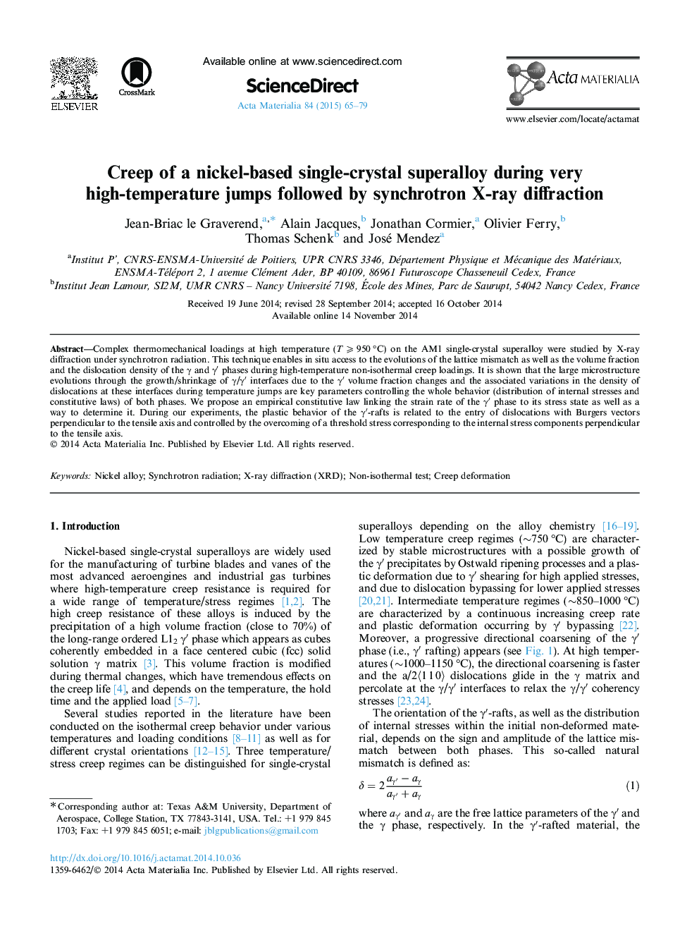 Creep of a nickel-based single-crystal superalloy during very high-temperature jumps followed by synchrotron X-ray diffraction