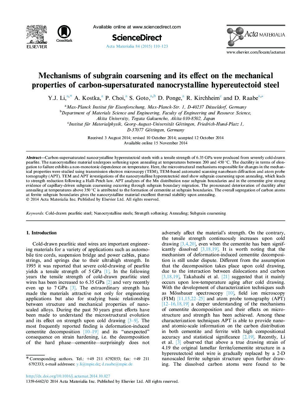 Mechanisms of subgrain coarsening and its effect on the mechanical properties of carbon-supersaturated nanocrystalline hypereutectoid steel