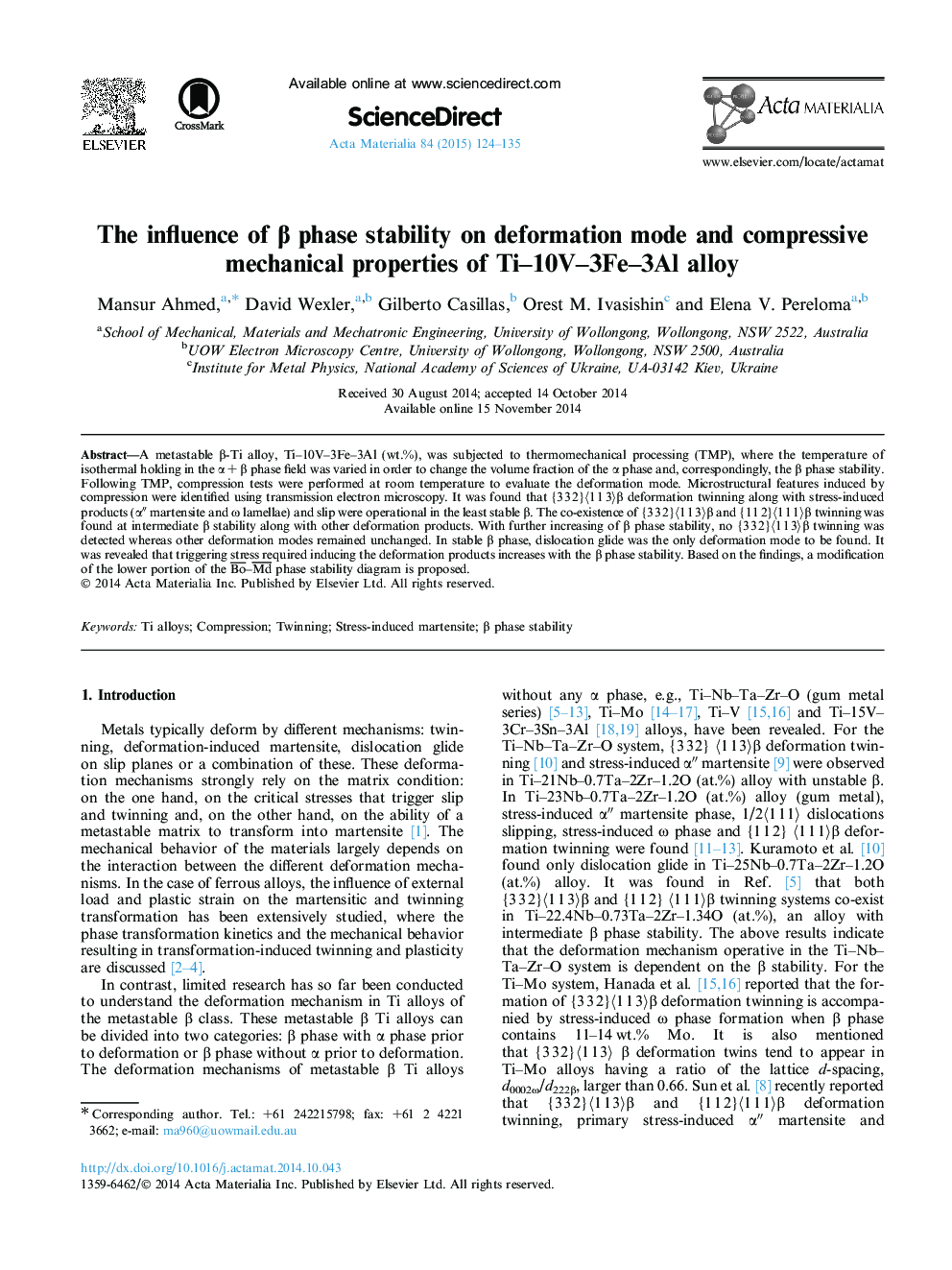 The influence of β phase stability on deformation mode and compressive mechanical properties of Ti–10V–3Fe–3Al alloy