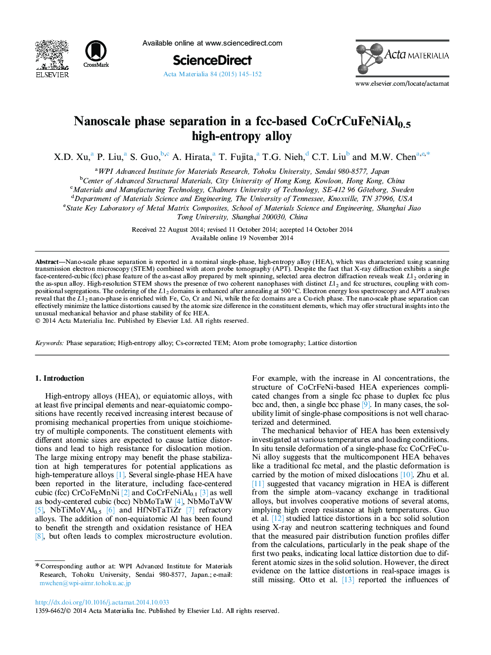 Nanoscale phase separation in a fcc-based CoCrCuFeNiAl0.5 high-entropy alloy