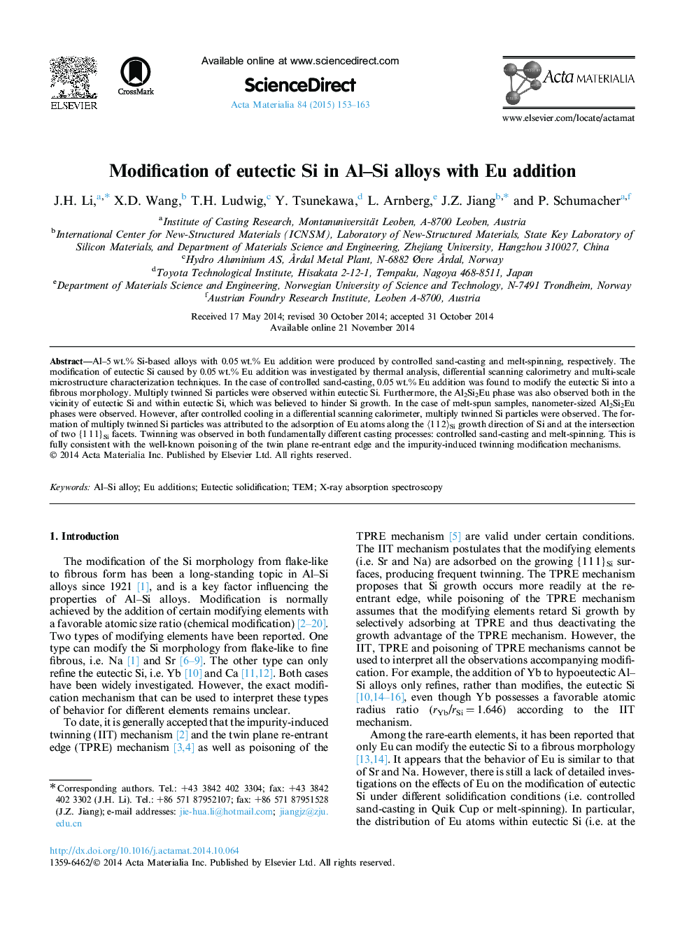 Modification of eutectic Si in Al–Si alloys with Eu addition