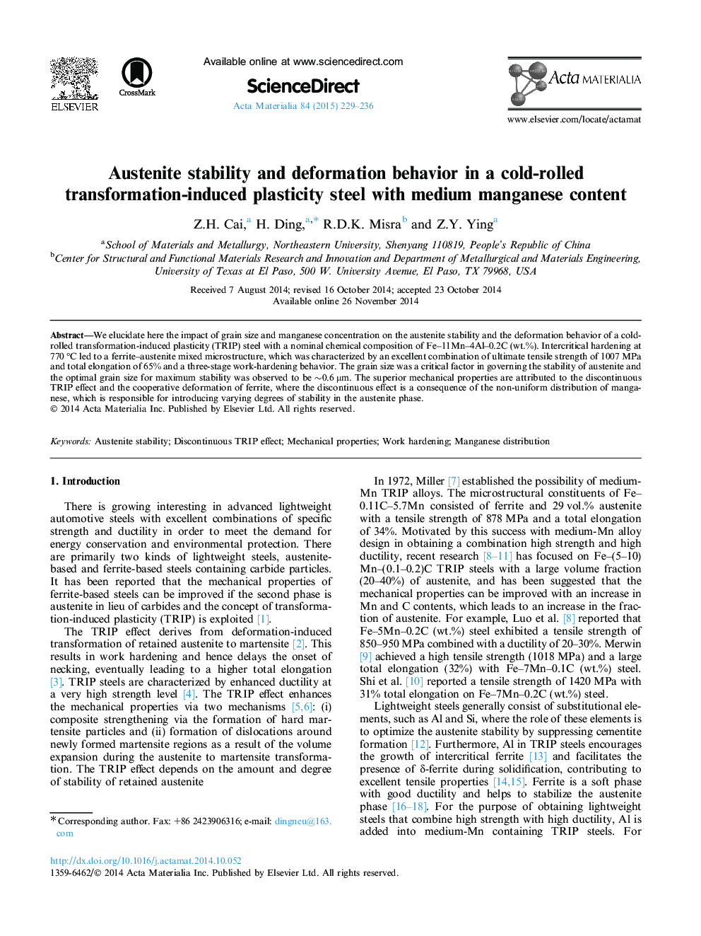 Austenite stability and deformation behavior in a cold-rolled transformation-induced plasticity steel with medium manganese content