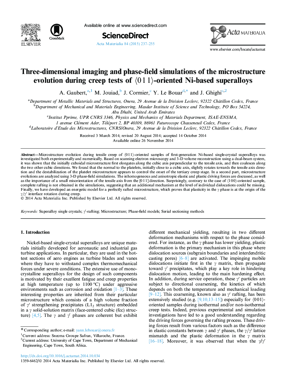 Three-dimensional imaging and phase-field simulations of the microstructure evolution during creep tests of 〈011〉-oriented Ni-based superalloys