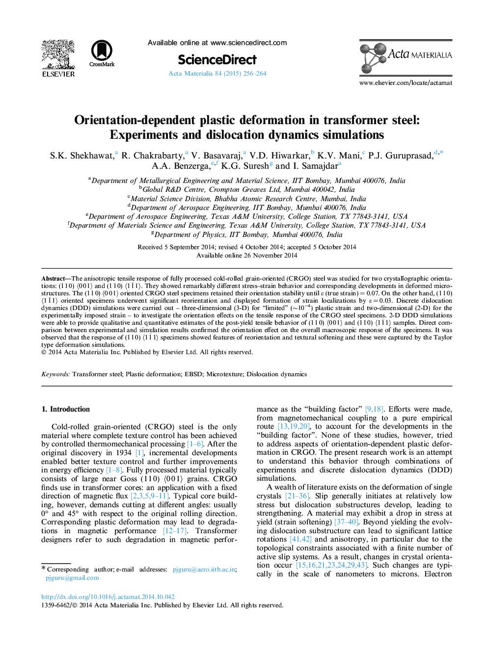 Orientation-dependent plastic deformation in transformer steel: Experiments and dislocation dynamics simulations