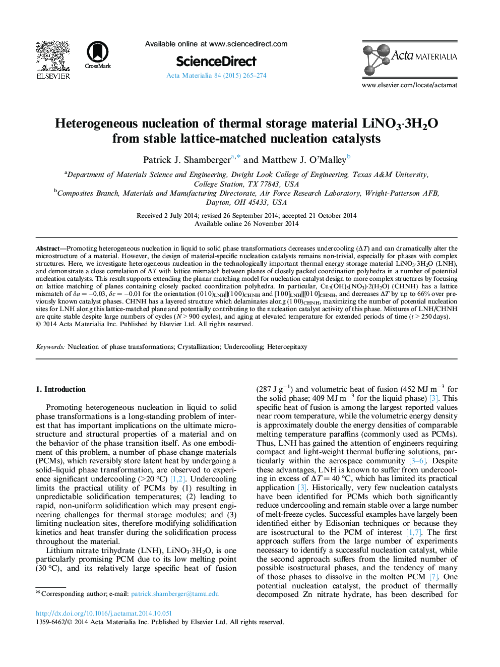 Heterogeneous nucleation of thermal storage material LiNO3·3H2O from stable lattice-matched nucleation catalysts