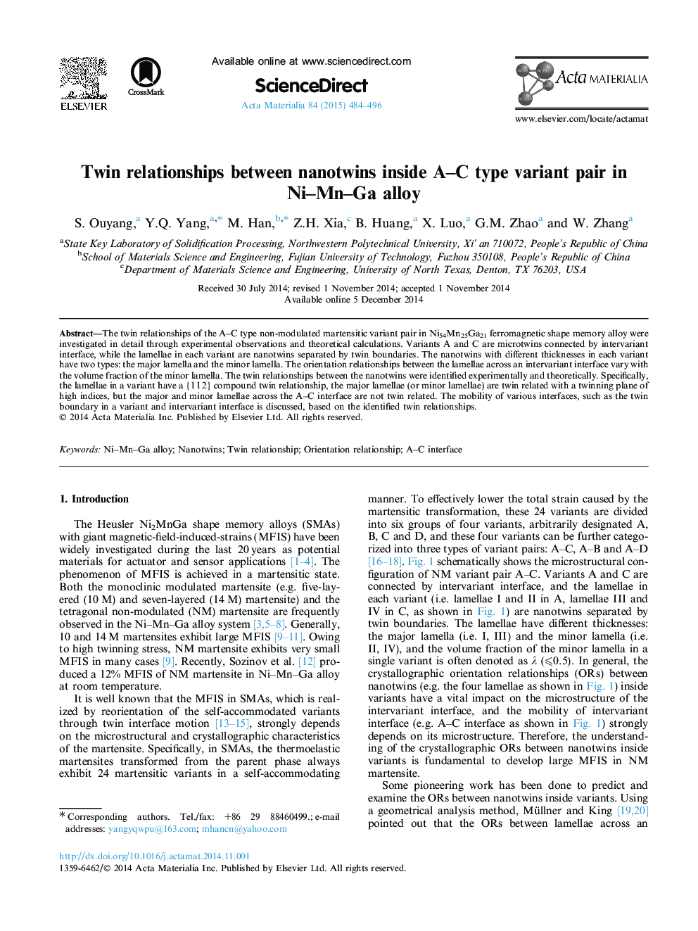 Twin relationships between nanotwins inside A–C type variant pair in Ni–Mn–Ga alloy