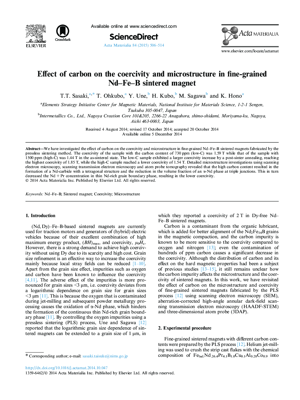 Effect of carbon on the coercivity and microstructure in fine-grained Nd–Fe–B sintered magnet