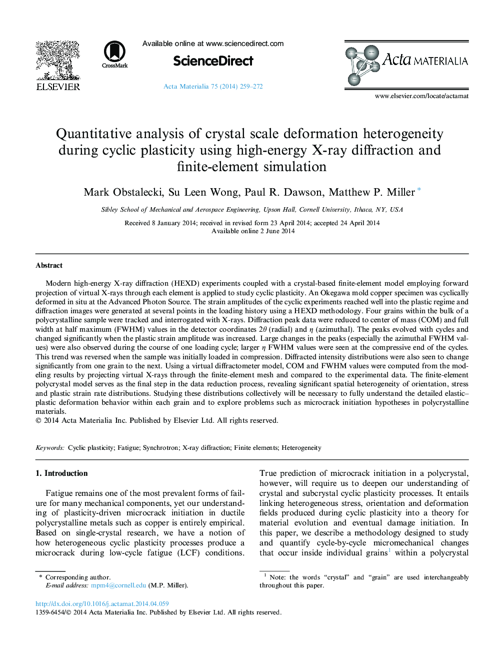 Quantitative analysis of crystal scale deformation heterogeneity during cyclic plasticity using high-energy X-ray diffraction and finite-element simulation