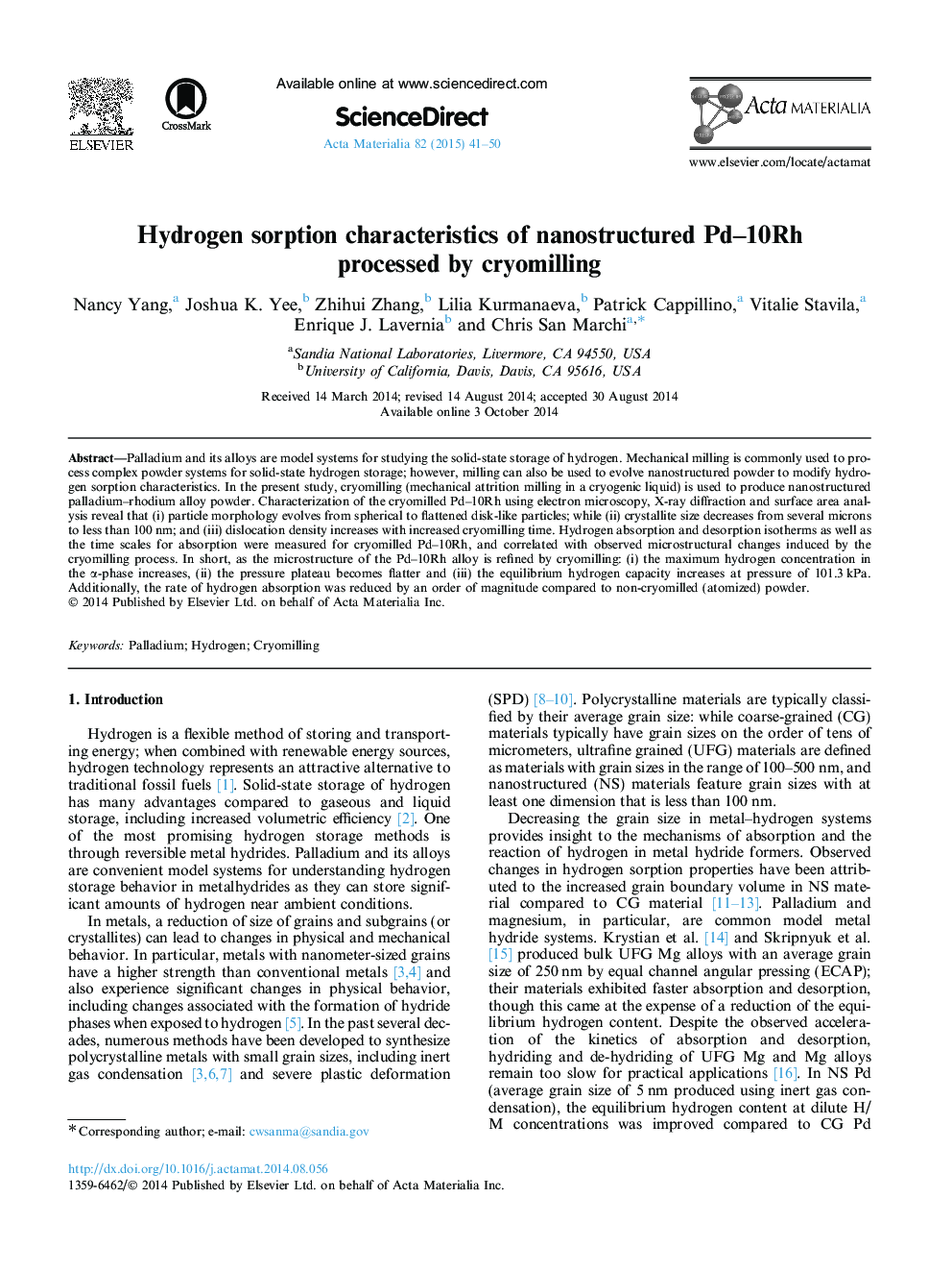 Hydrogen sorption characteristics of nanostructured Pd–10Rh processed by cryomilling