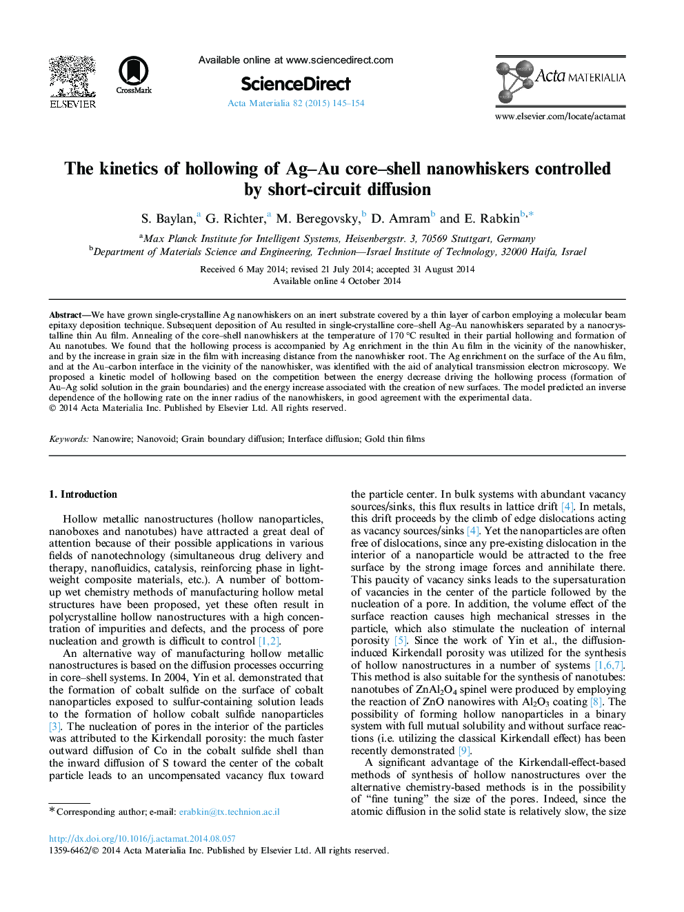 The kinetics of hollowing of Ag–Au core–shell nanowhiskers controlled by short-circuit diffusion