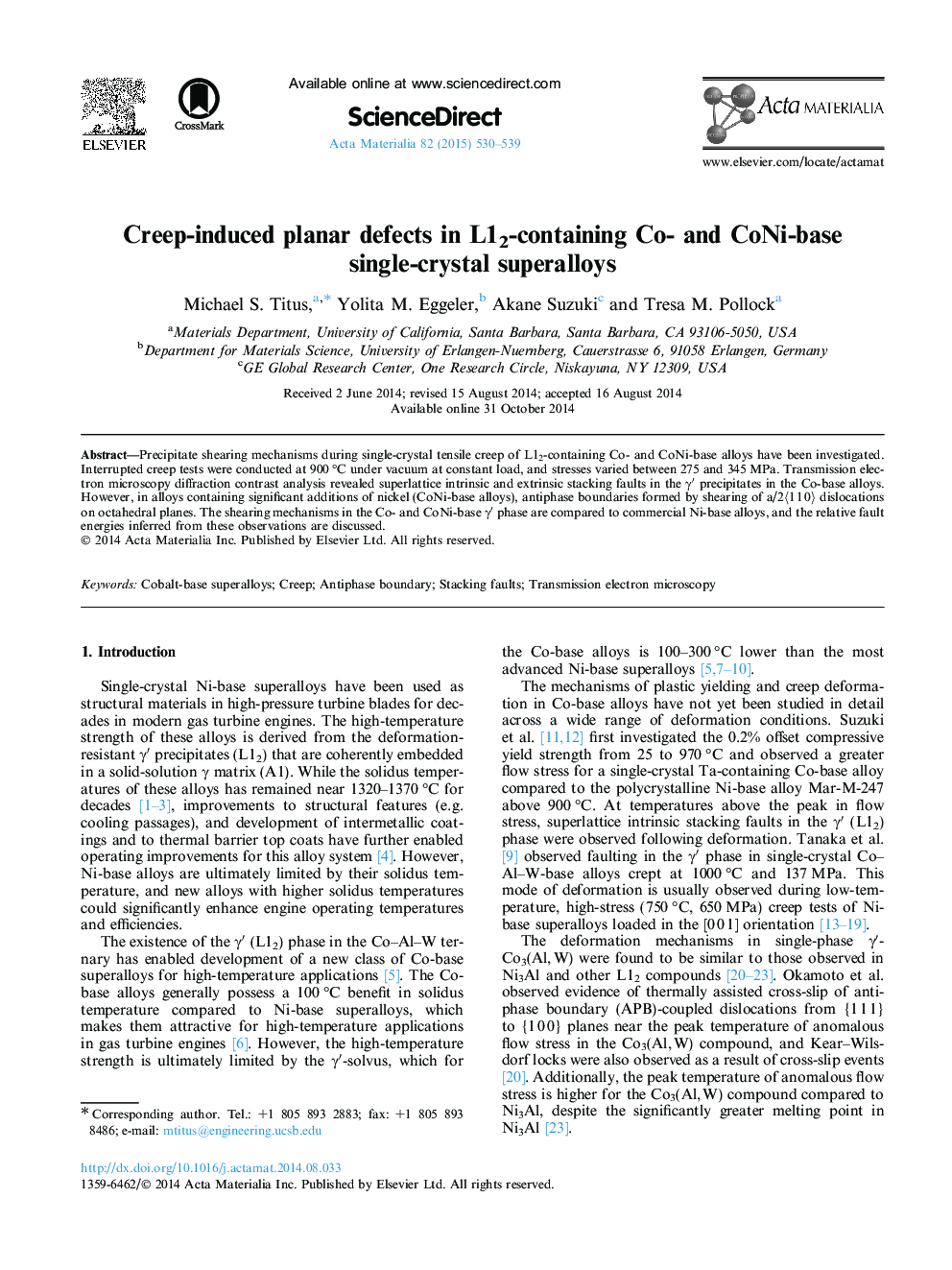 Creep-induced planar defects in L12-containing Co- and CoNi-base single-crystal superalloys