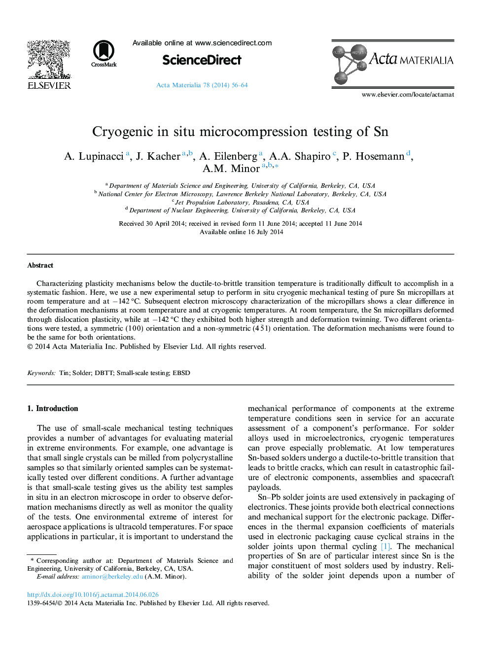 Cryogenic in situ microcompression testing of Sn