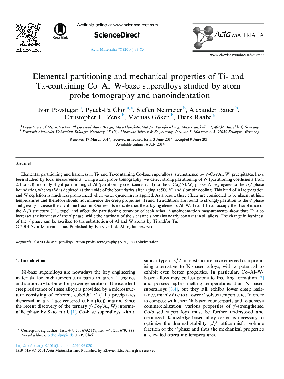 Elemental partitioning and mechanical properties of Ti- and Ta-containing Co–Al–W-base superalloys studied by atom probe tomography and nanoindentation