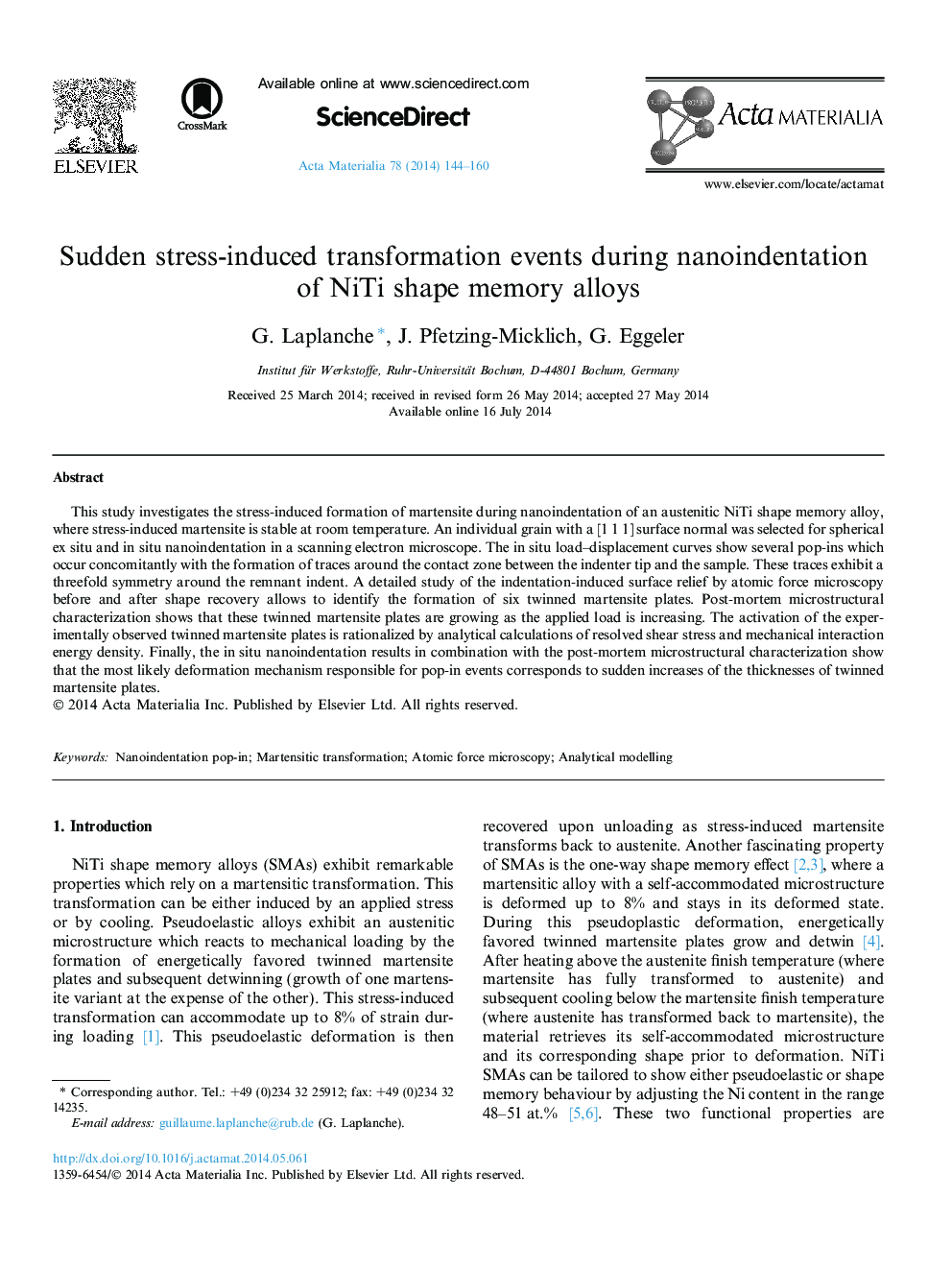 Sudden stress-induced transformation events during nanoindentation of NiTi shape memory alloys