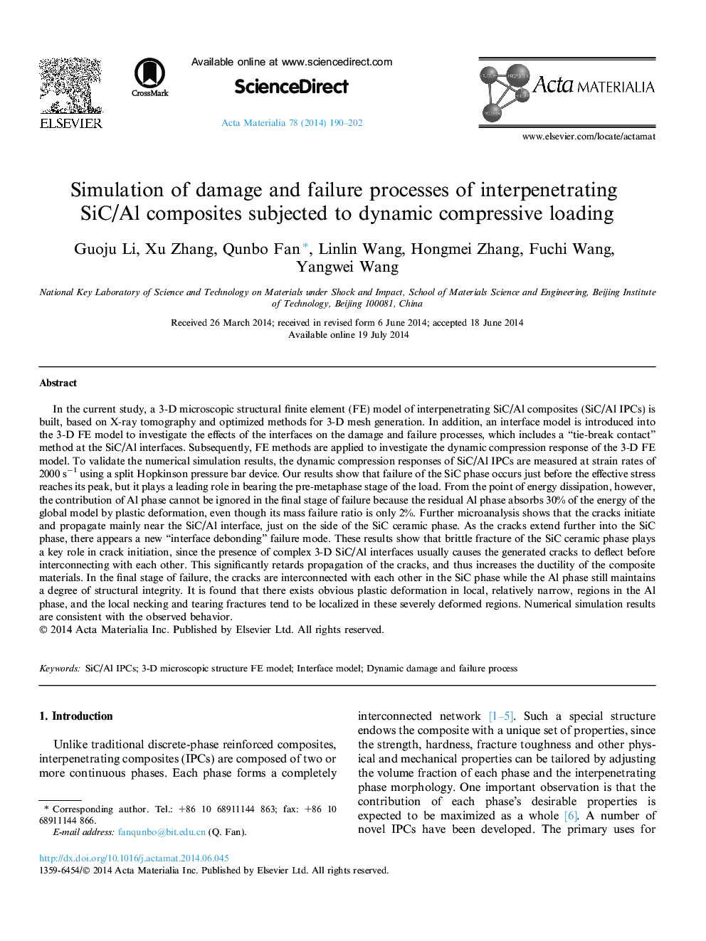 Simulation of damage and failure processes of interpenetrating SiC/Al composites subjected to dynamic compressive loading