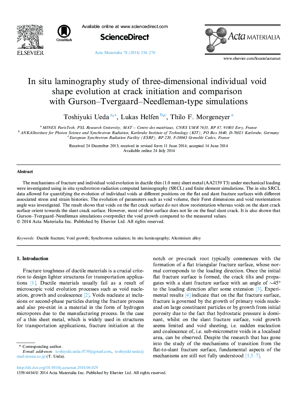 In situ laminography study of three-dimensional individual void shape evolution at crack initiation and comparison with Gurson–Tvergaard–Needleman-type simulations