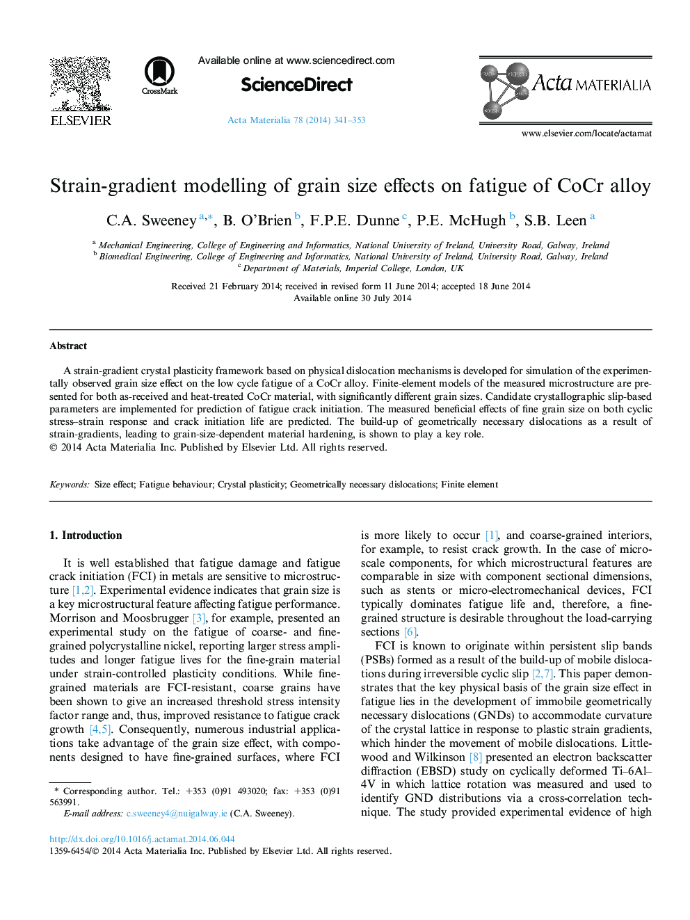 Strain-gradient modelling of grain size effects on fatigue of CoCr alloy