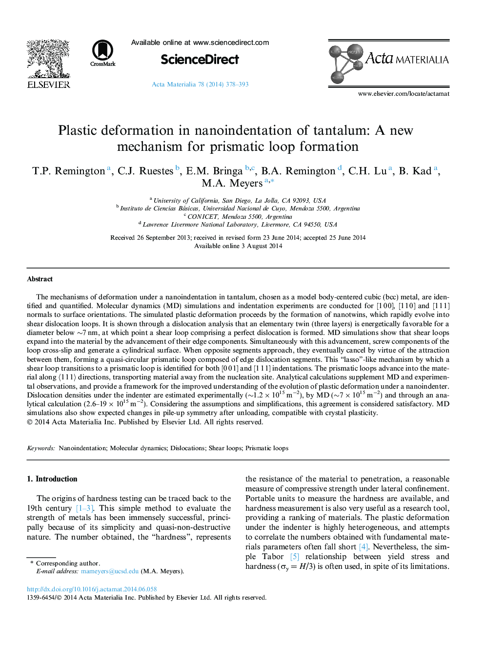 Plastic deformation in nanoindentation of tantalum: A new mechanism for prismatic loop formation