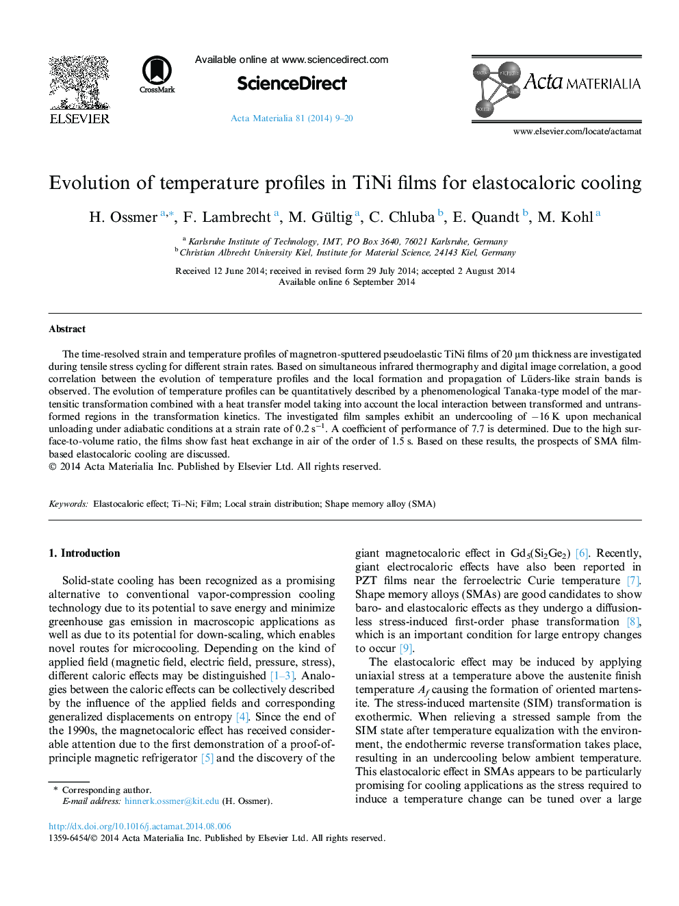 Evolution of temperature profiles in TiNi films for elastocaloric cooling