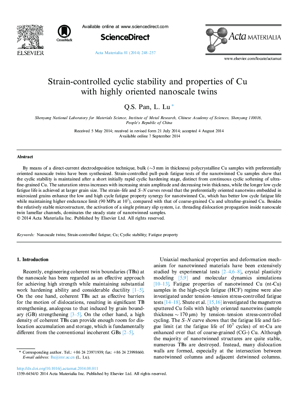 Strain-controlled cyclic stability and properties of Cu with highly oriented nanoscale twins