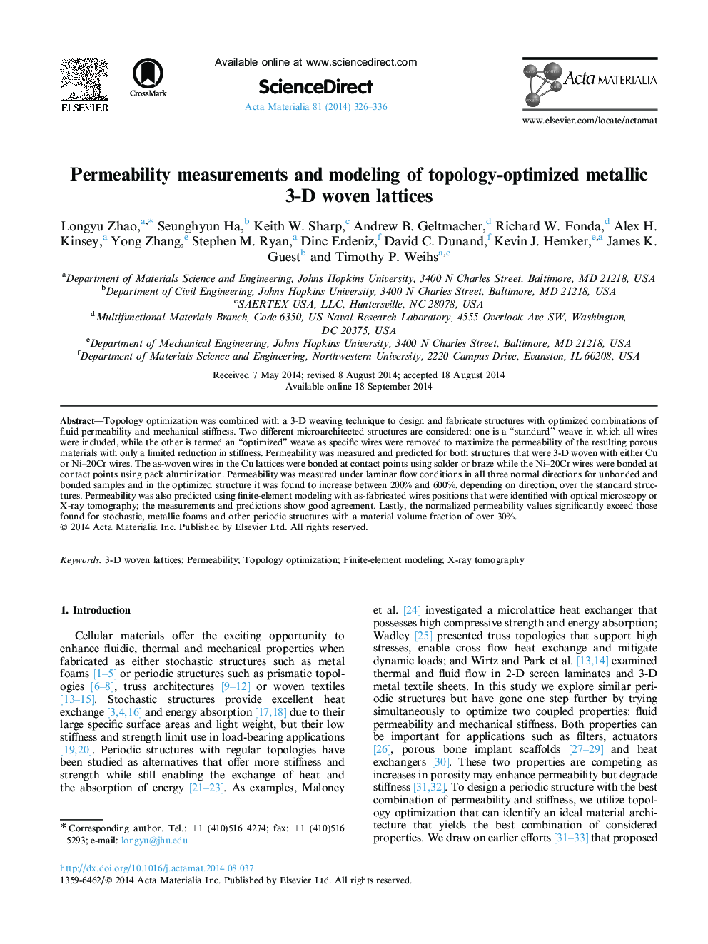 Permeability measurements and modeling of topology-optimized metallic 3-D woven lattices