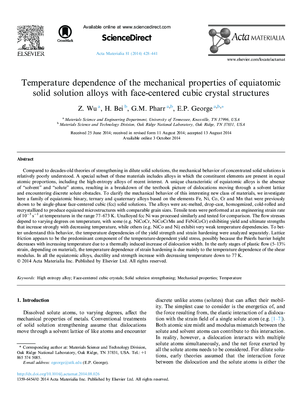 Temperature dependence of the mechanical properties of equiatomic solid solution alloys with face-centered cubic crystal structures