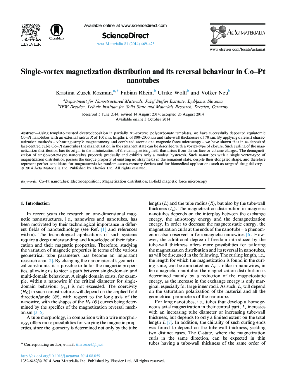 Single-vortex magnetization distribution and its reversal behaviour in Co–Pt nanotubes