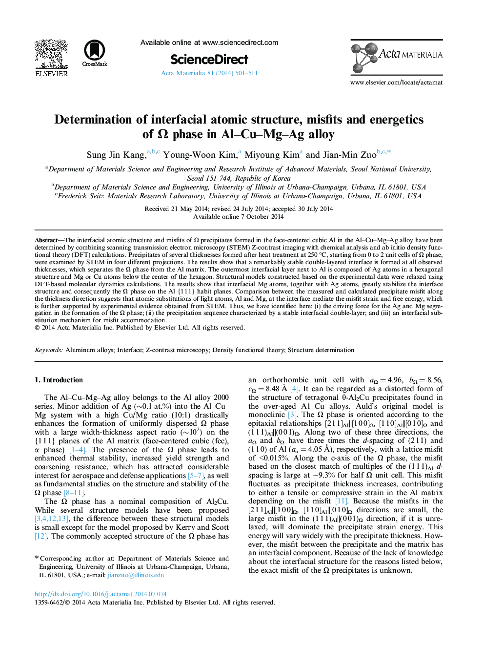 Determination of interfacial atomic structure, misfits and energetics of Ω phase in Al–Cu–Mg–Ag alloy