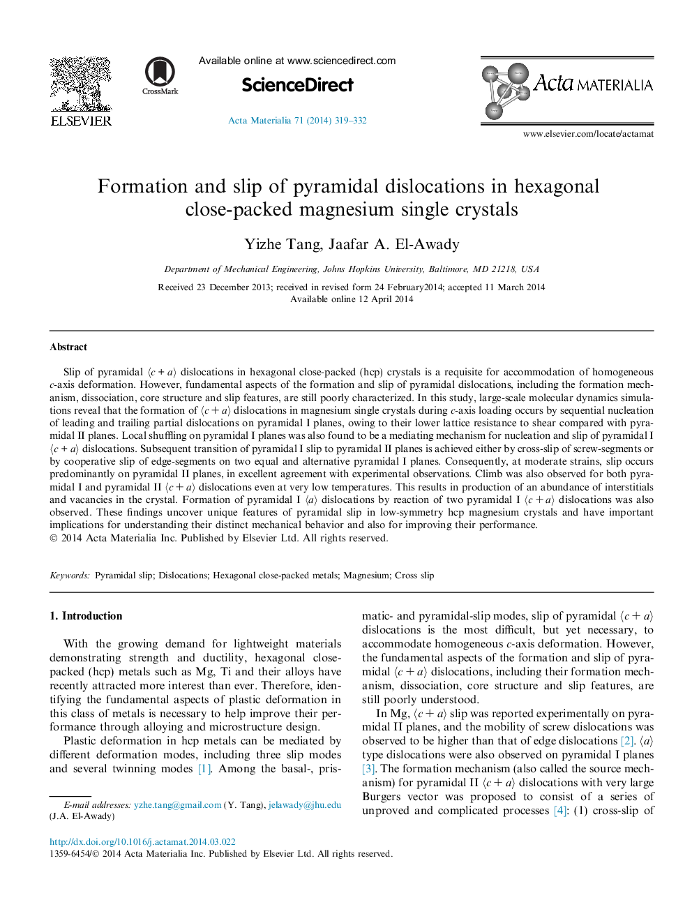 Formation and slip of pyramidal dislocations in hexagonal close-packed magnesium single crystals