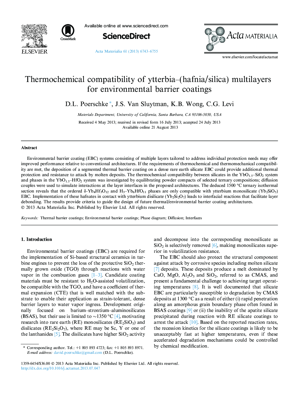 Thermochemical compatibility of ytterbia–(hafnia/silica) multilayers for environmental barrier coatings