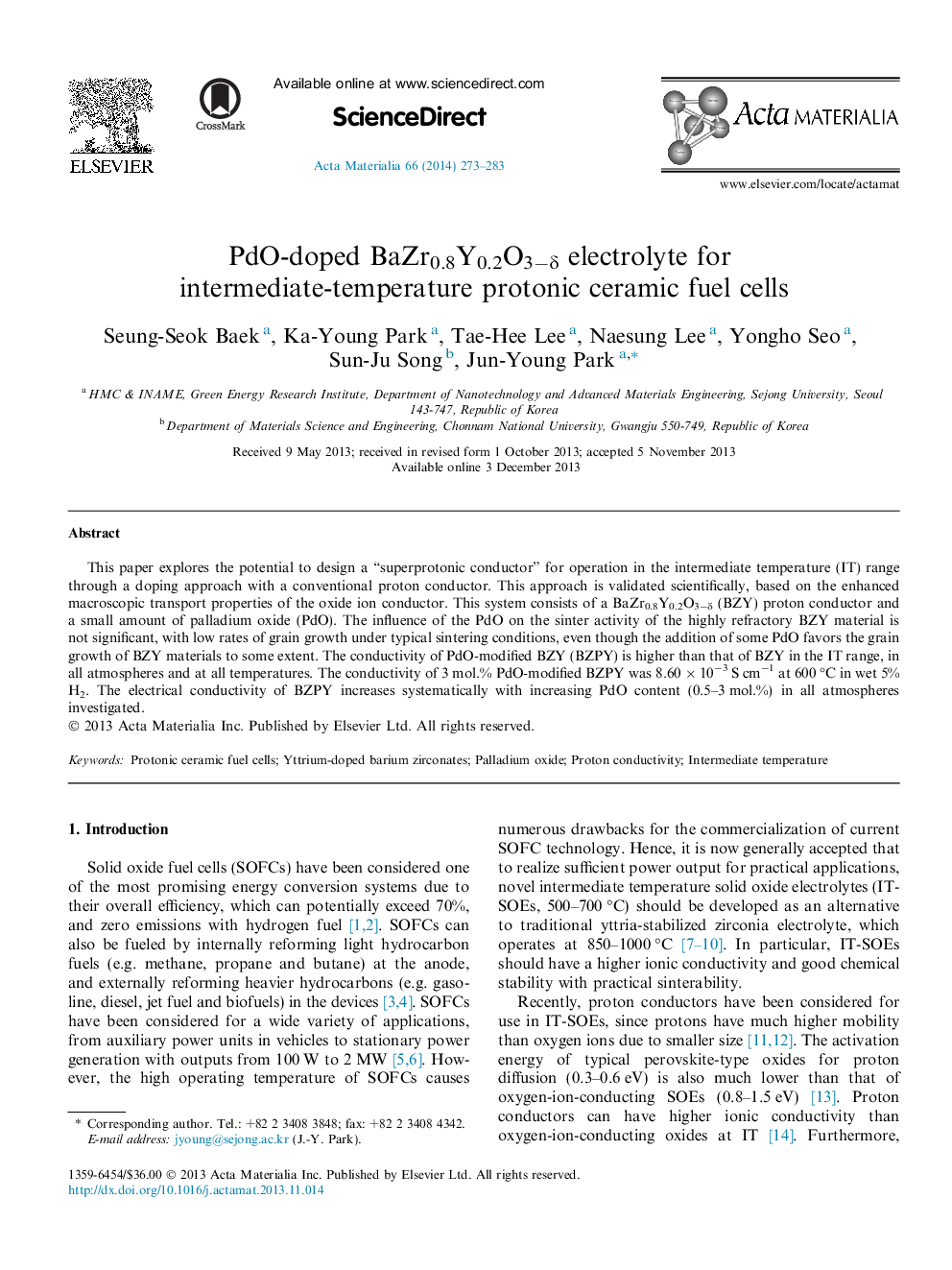 PdO-doped BaZr0.8Y0.2O3−δ electrolyte for intermediate-temperature protonic ceramic fuel cells