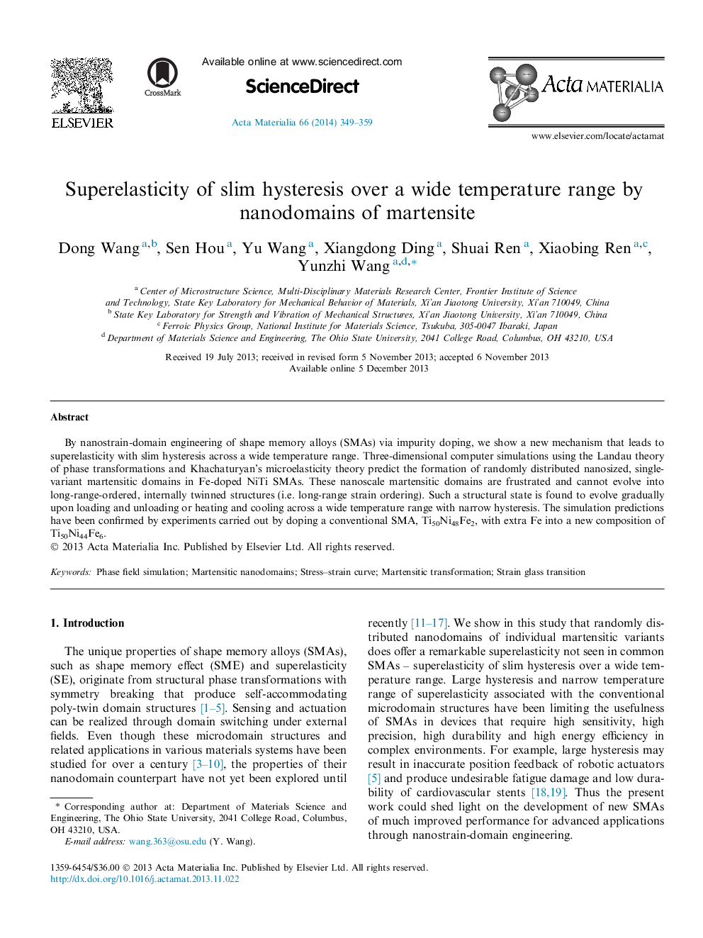 Superelasticity of slim hysteresis over a wide temperature range by nanodomains of martensite