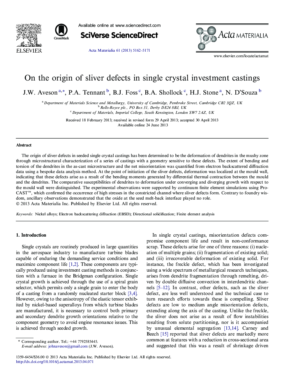 On the origin of sliver defects in single crystal investment castings