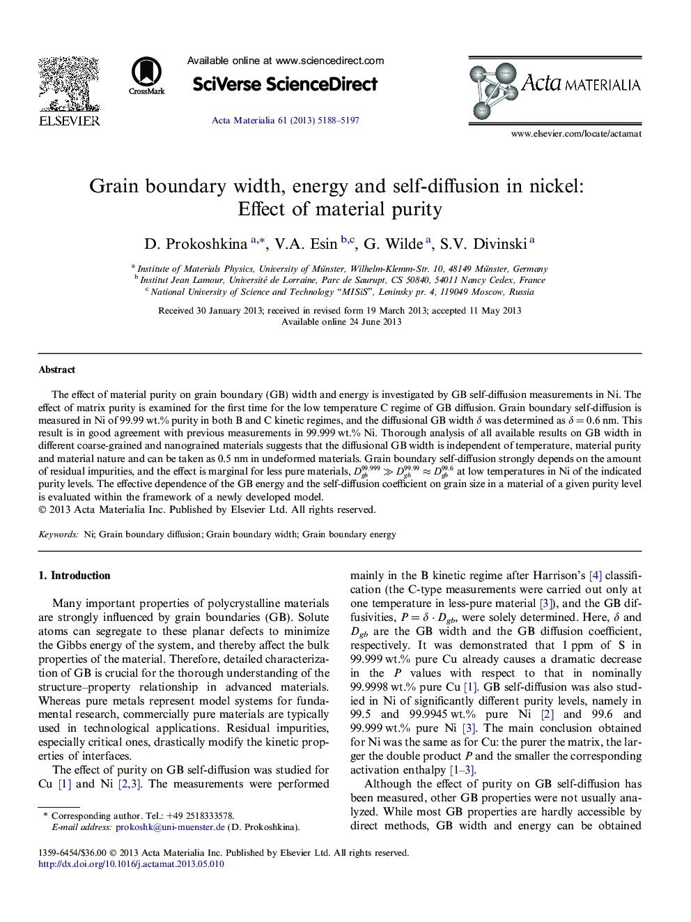 Grain boundary width, energy and self-diffusion in nickel: Effect of material purity