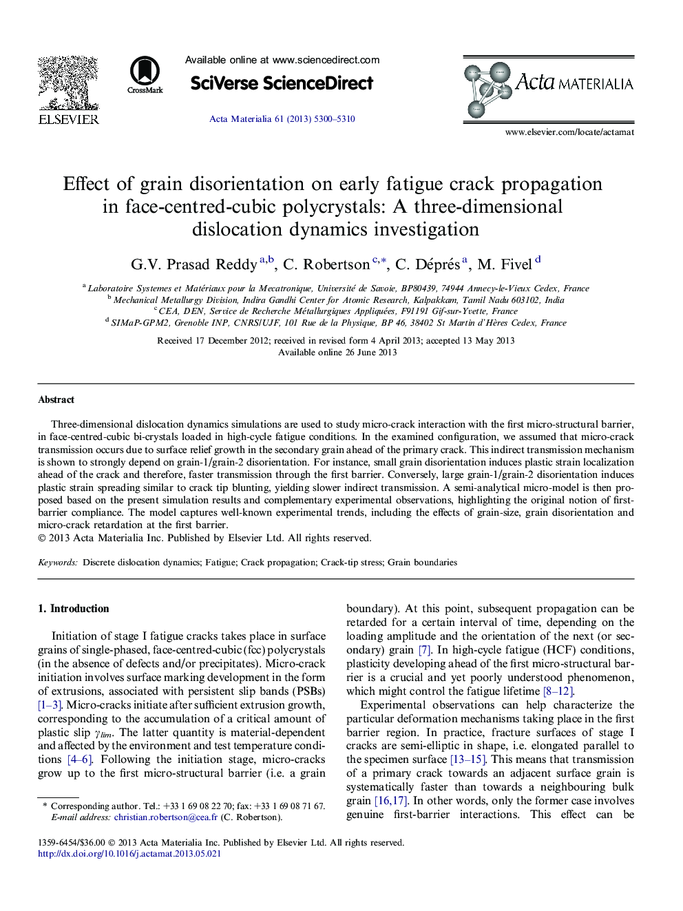 Effect of grain disorientation on early fatigue crack propagation in face-centred-cubic polycrystals: A three-dimensional dislocation dynamics investigation