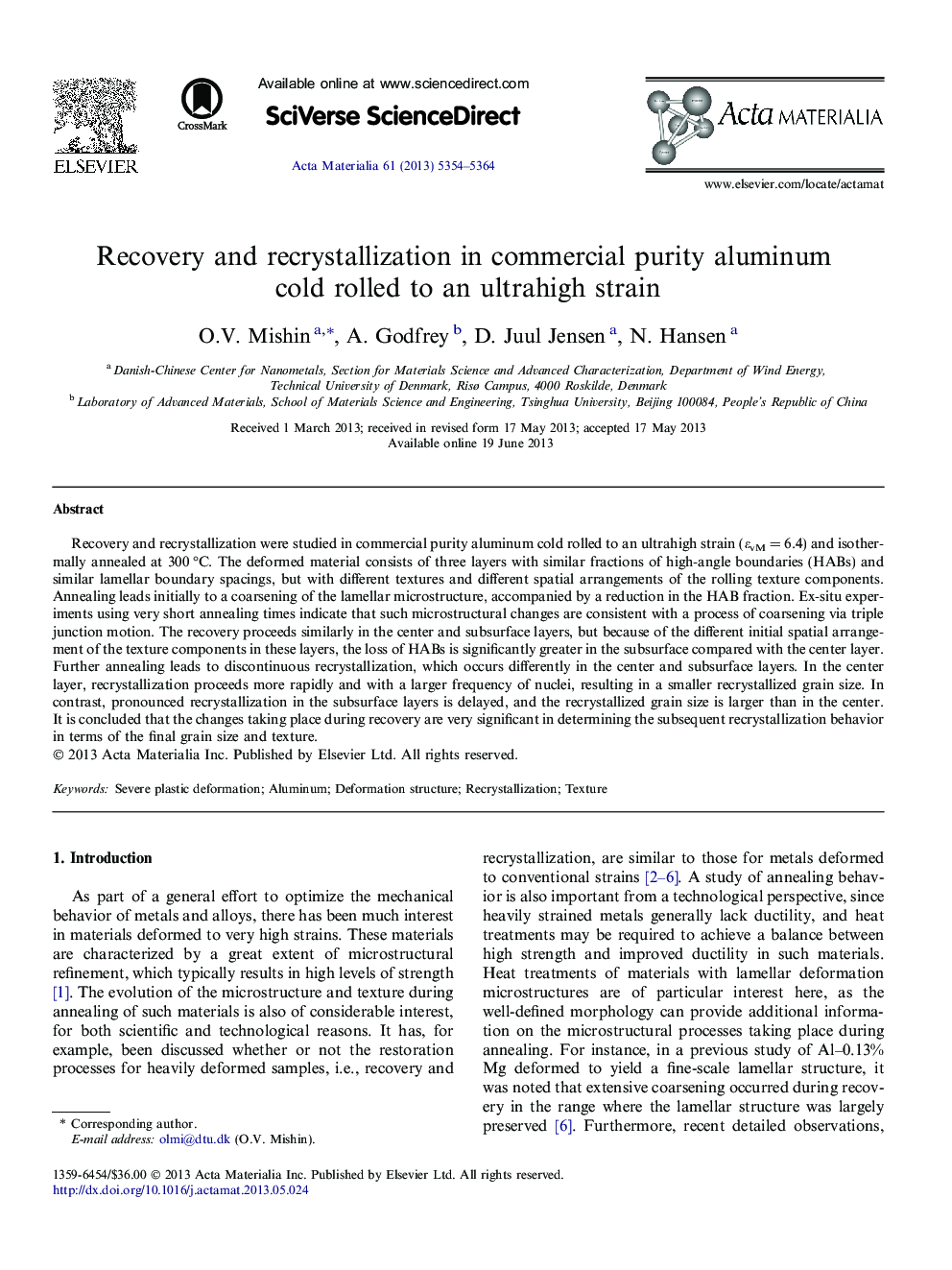 Recovery and recrystallization in commercial purity aluminum cold rolled to an ultrahigh strain