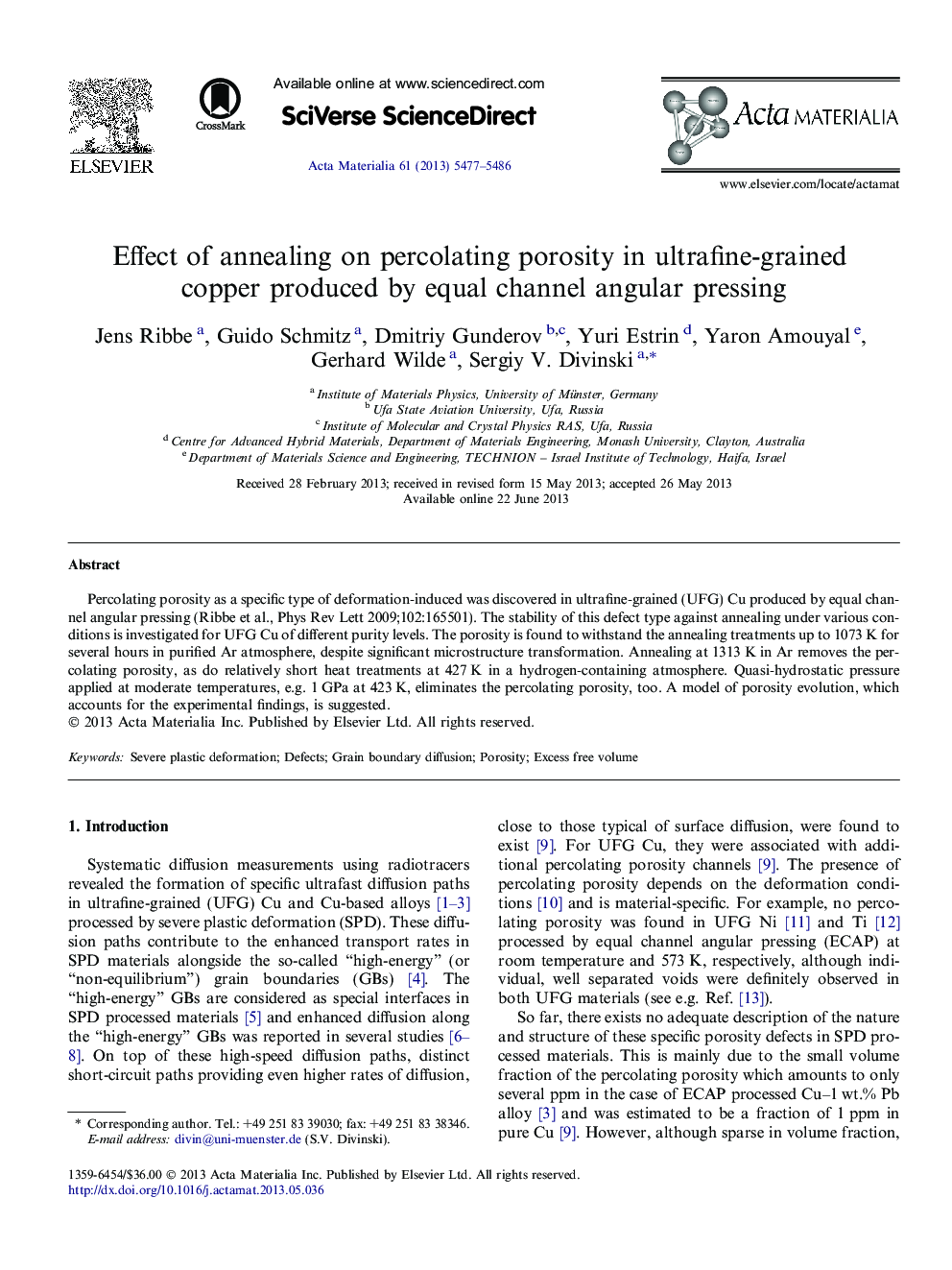 Effect of annealing on percolating porosity in ultrafine-grained copper produced by equal channel angular pressing