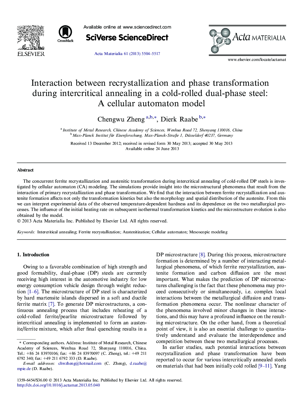 Interaction between recrystallization and phase transformation during intercritical annealing in a cold-rolled dual-phase steel: A cellular automaton model