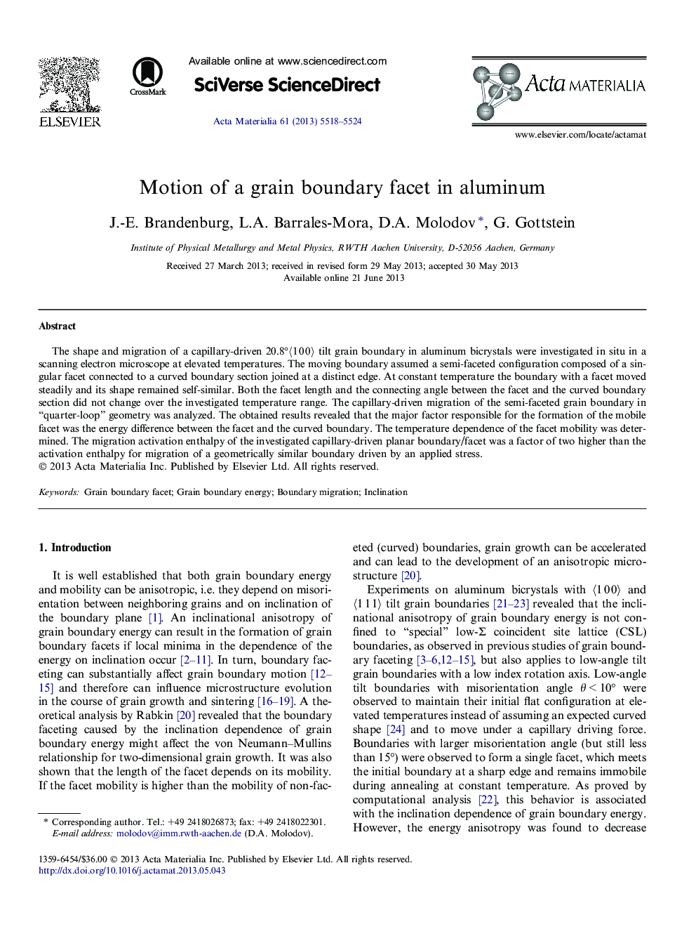 Motion of a grain boundary facet in aluminum