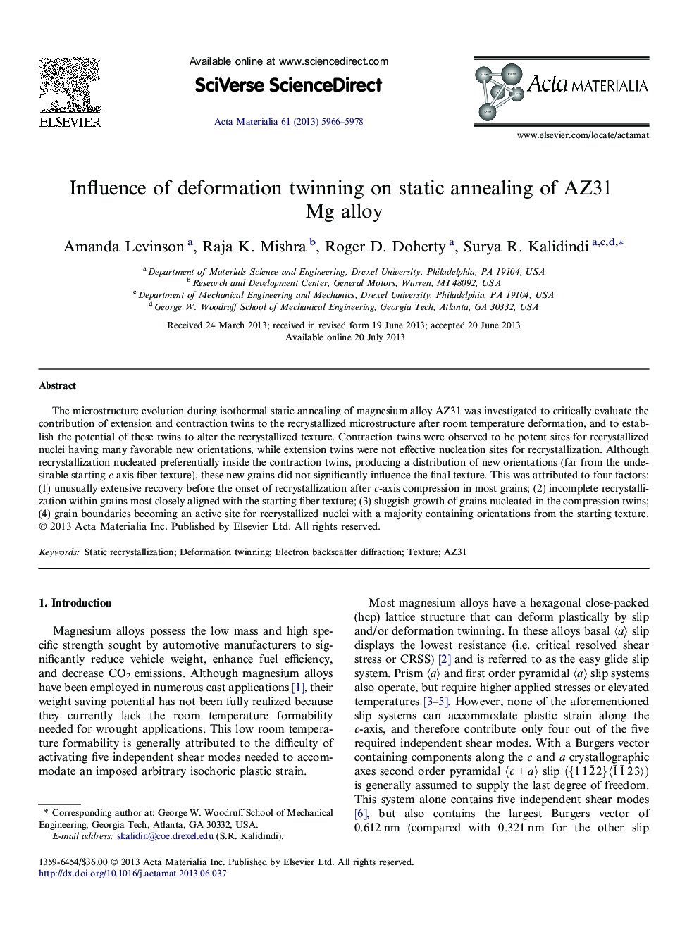 Influence of deformation twinning on static annealing of AZ31 Mg alloy