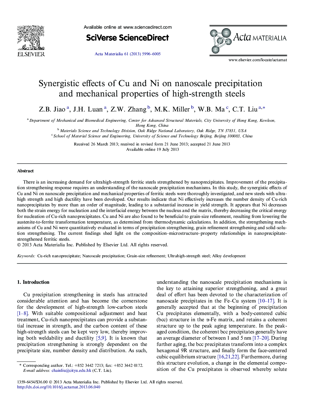 Synergistic effects of Cu and Ni on nanoscale precipitation and mechanical properties of high-strength steels