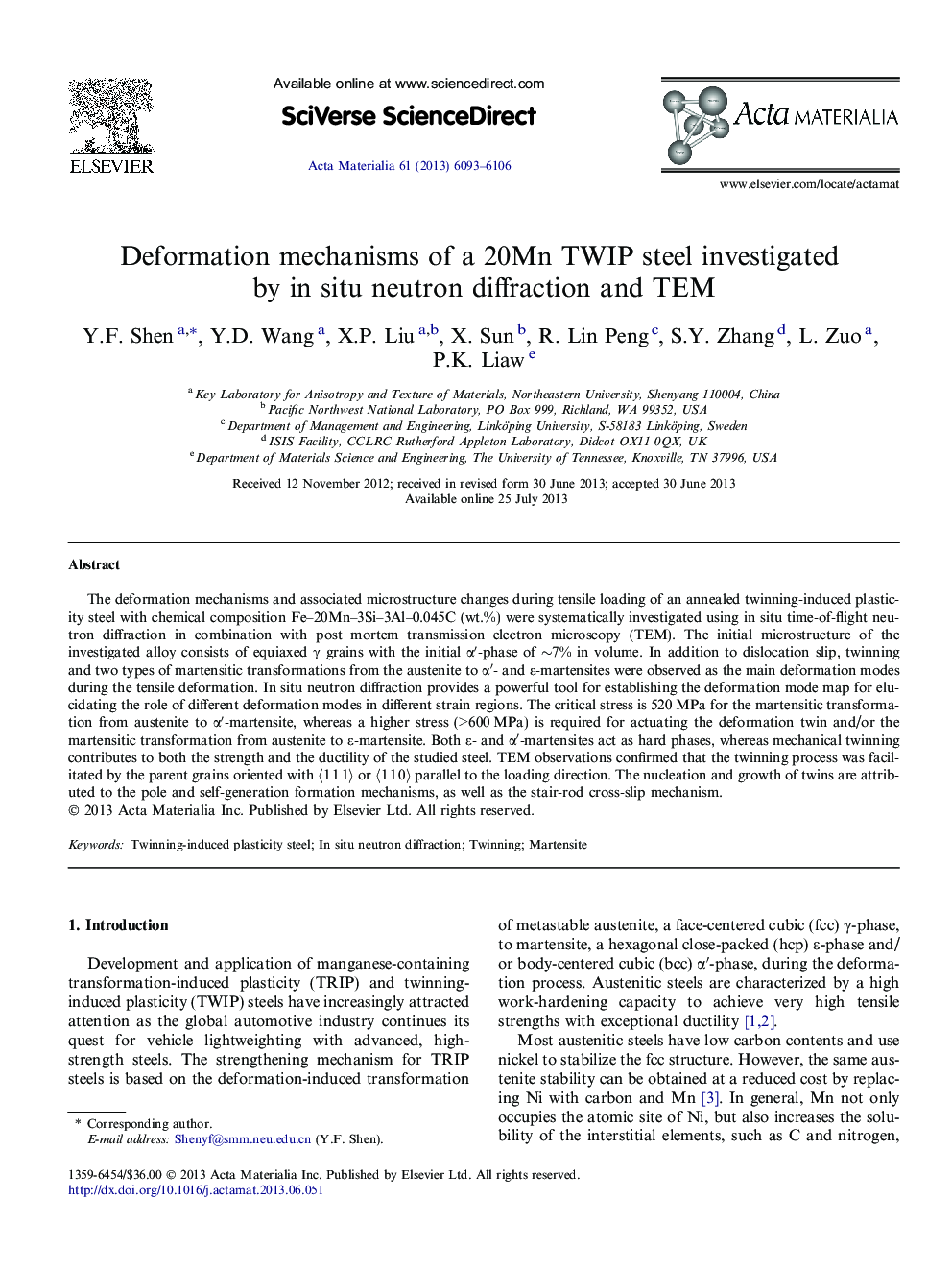 Deformation mechanisms of a 20Mn TWIP steel investigated by in situ neutron diffraction and TEM