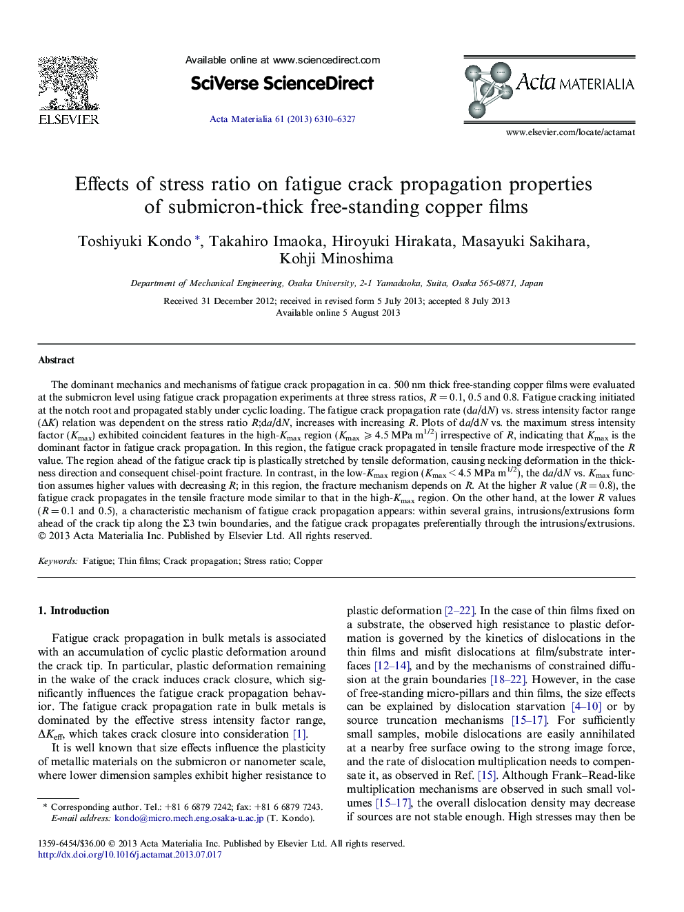 Effects of stress ratio on fatigue crack propagation properties of submicron-thick free-standing copper films