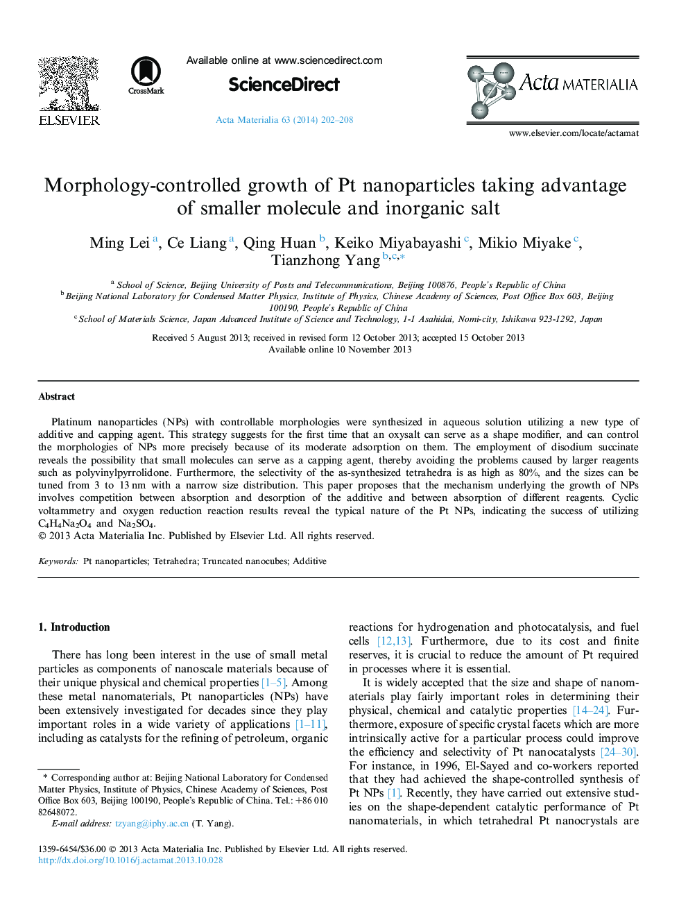 Morphology-controlled growth of Pt nanoparticles taking advantage of smaller molecule and inorganic salt