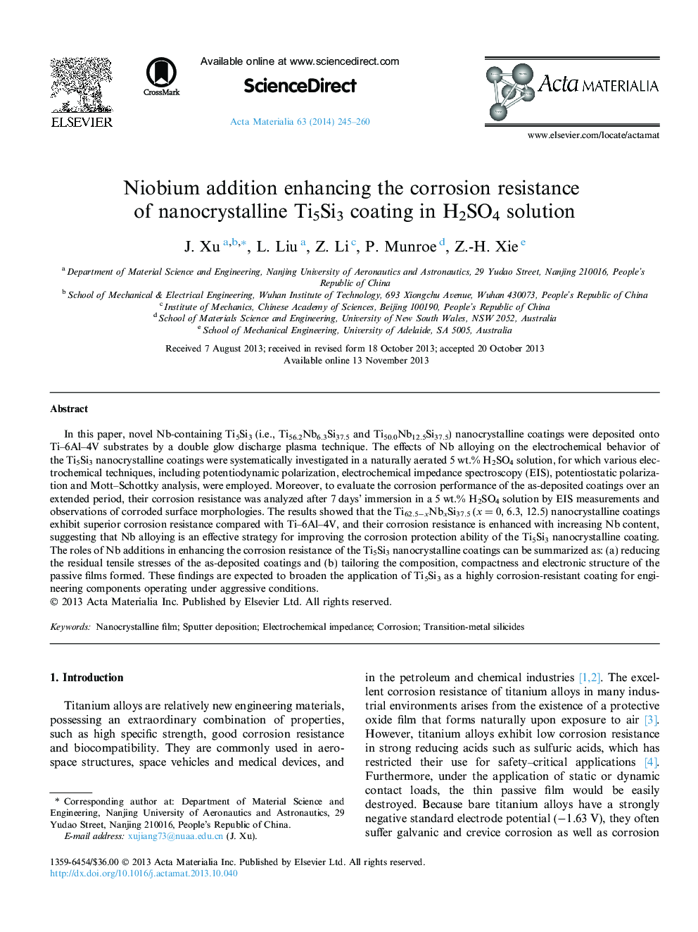 Niobium addition enhancing the corrosion resistance of nanocrystalline Ti5Si3 coating in H2SO4 solution