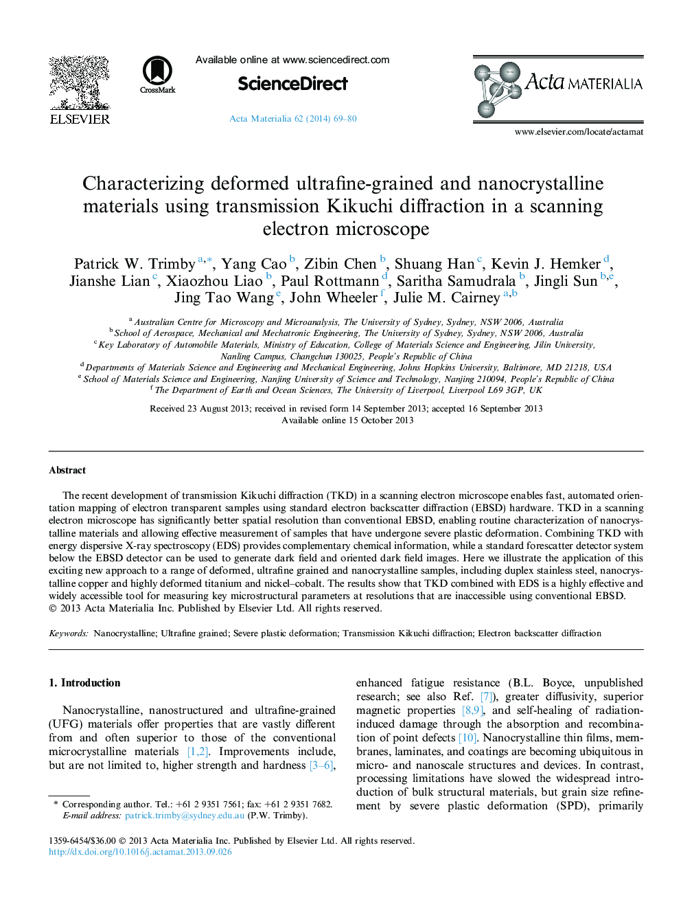 Characterizing deformed ultrafine-grained and nanocrystalline materials using transmission Kikuchi diffraction in a scanning electron microscope