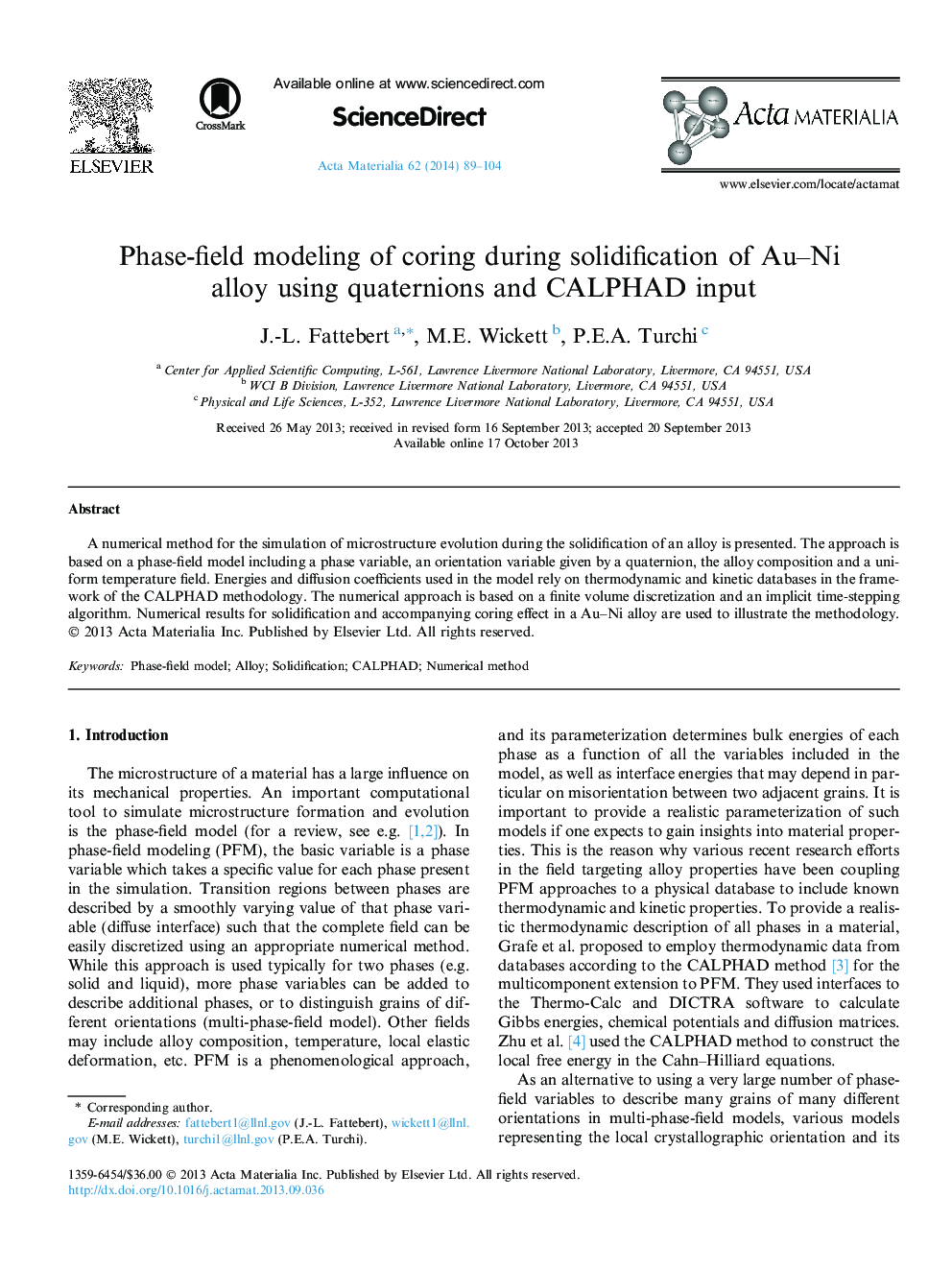 Phase-field modeling of coring during solidification of Au–Ni alloy using quaternions and CALPHAD input