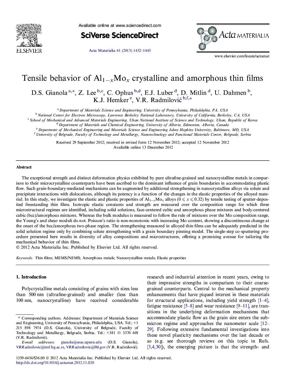 Tensile behavior of Al1−xMox crystalline and amorphous thin films