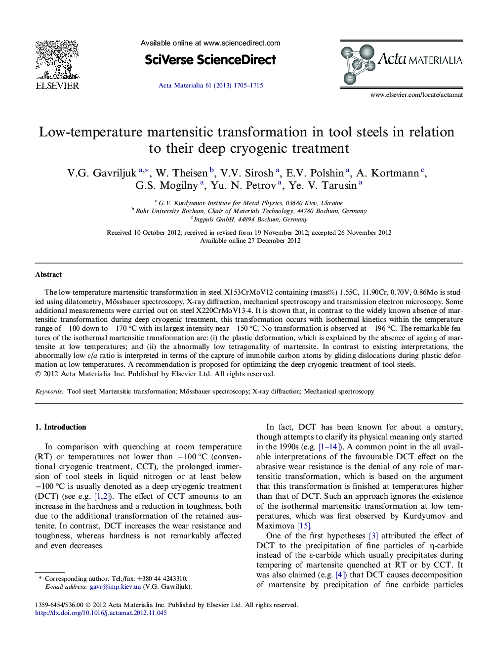 Low-temperature martensitic transformation in tool steels in relation to their deep cryogenic treatment